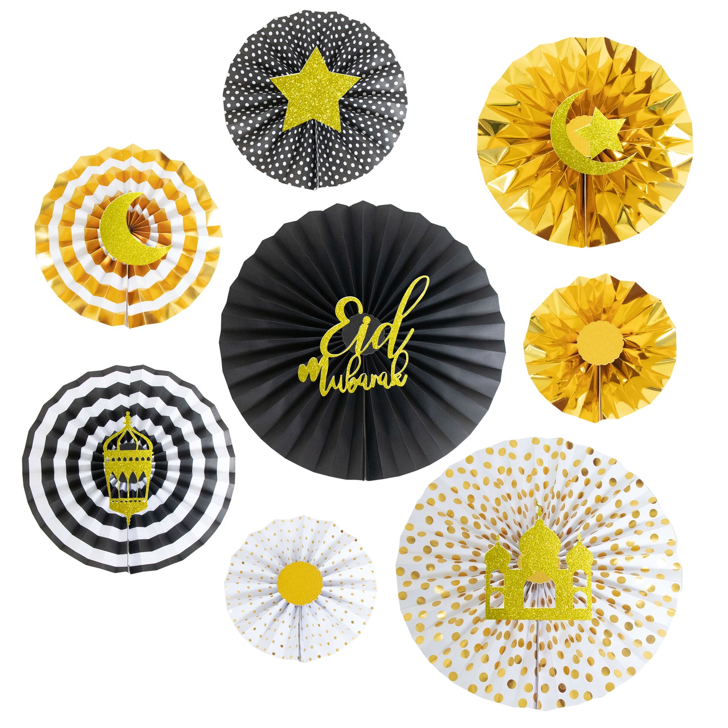 Eid Mubarak Paper Decoration Fans (Black & Gold)