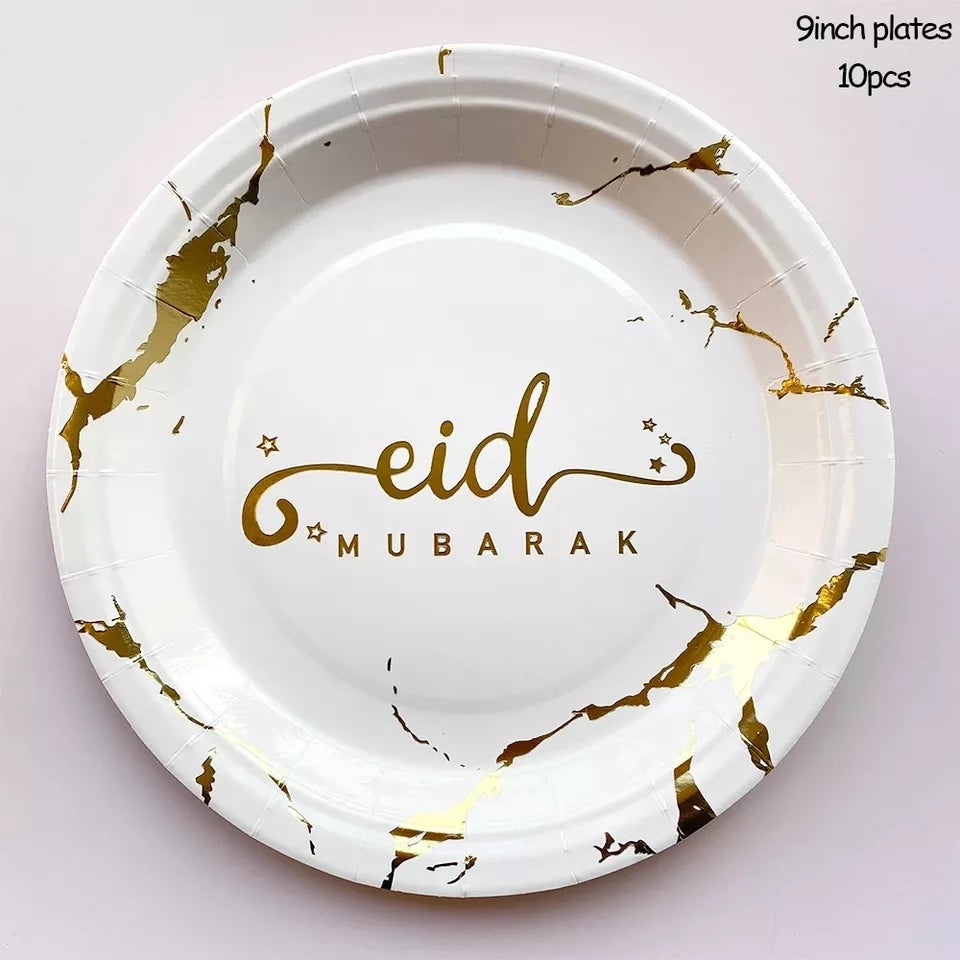Eid Mubarak Paper Plates (White Marble) - 10 pack