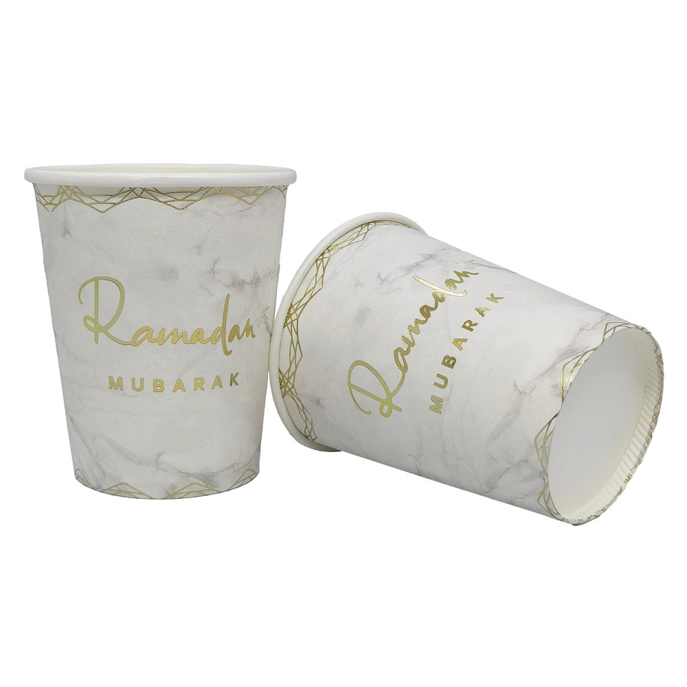 Ramadan Mubarak Paper Cups (White & Gold) - 10 Pack