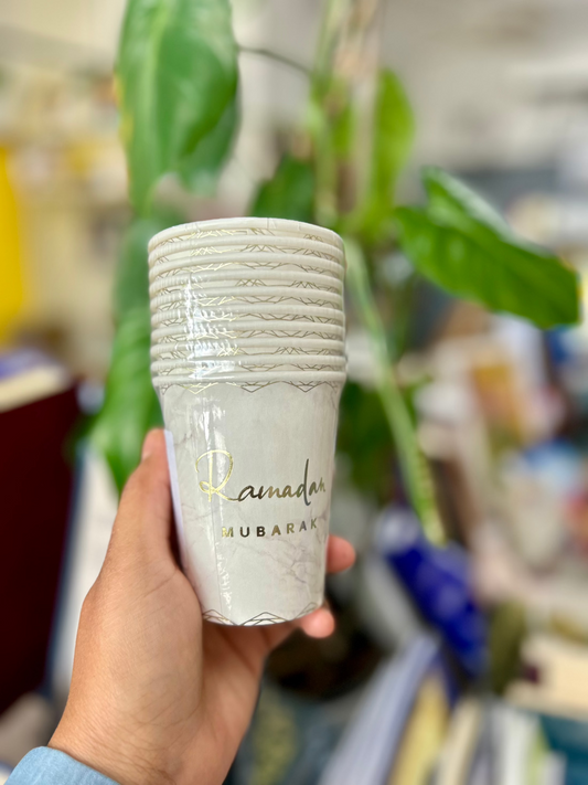 Ramadan Mubarak Paper Cups (White & Gold) - 10 Pack