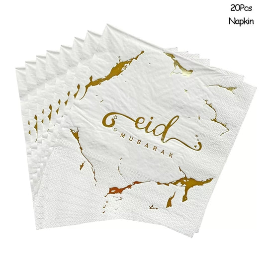 Eid Mubarak Paper Napkins (White Marble) - 20 pack