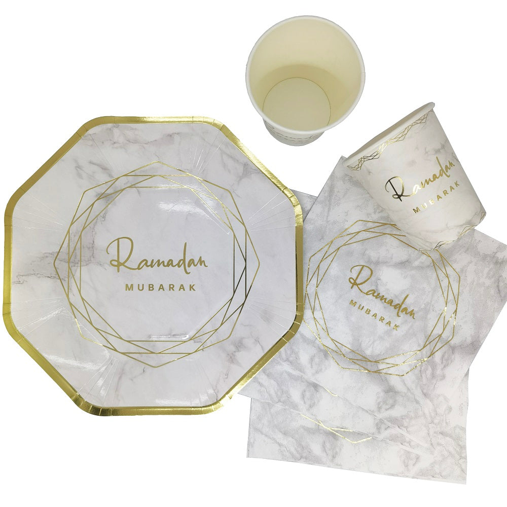 Ramadan Mubarak Paper Plates (White & Gold) - 10 Pack